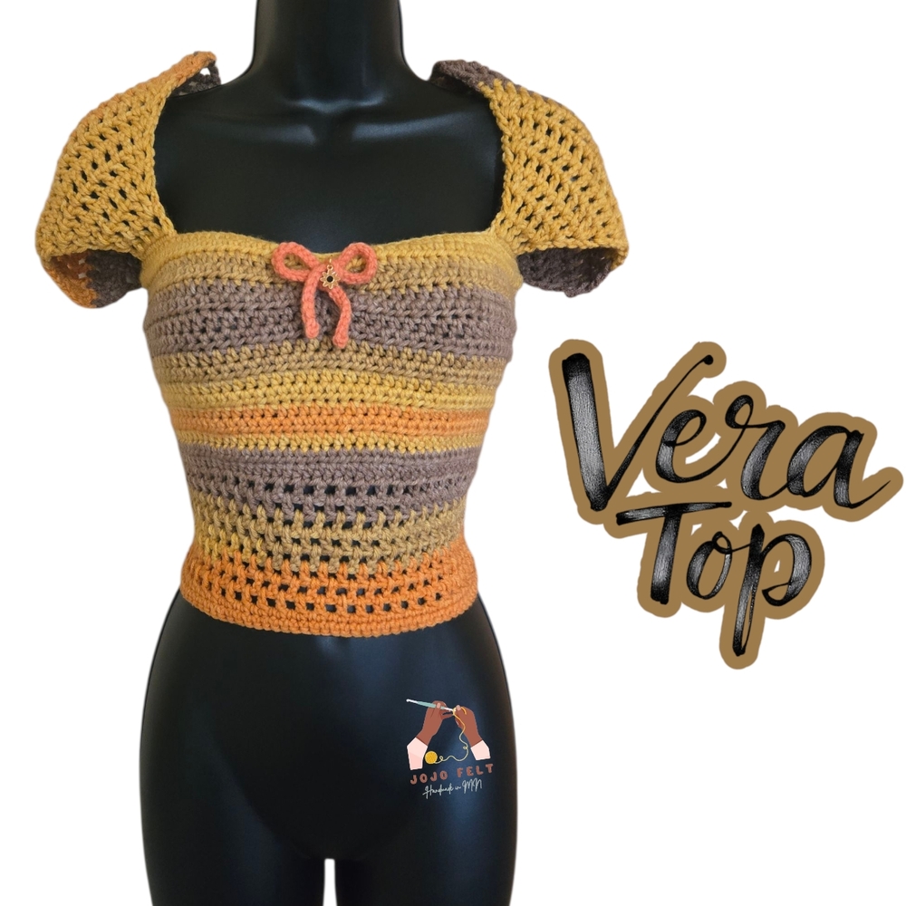 Sunshine Vera Crochet Top w/Bow & Sunflower Charm, HandmadebyMe, Large-Xl,